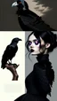 Placeholder: painting by koson ohara and marta bevacqua, portrait of a beautiful goth woman with black hair Caress a crow, wearing a black dress, 8k, high quality, highly detailed full body