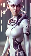 Placeholder: highly detailed beautiful female techpunk, extremely detailed white and steel steampunk clothing, high tech, sci-fi, realistic hair, futuristic steampunk city street, ultra realistic, 8k, vector art