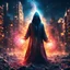 Placeholder: hooded space wizard casting spells, covered with glowing crystals, fire particles in air, destroyed city in background, night, bright colors, glowing sparkle particles, dark tone, sharp focus, high contrast, 8k, incredible depth, depth of field, dramatic lighting, beautifully intricate details, clean environment, epic dynamic scene