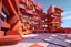 Placeholder: geometric hotel of the future with people in abstract 3d peach red and orange