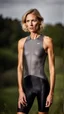 Placeholder: photography of a beautiful anorexic woman, grey satin triathlon top, sports illustrated, blond short wavy bob haircut, pronounced sternum, flat chest, anthracite cycling leggins