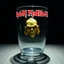 Placeholder: make an album cover of Eddie from the Iron Maiden hardrock band, he is trapped inside a transparent empty glass