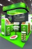 Placeholder: Corner green exhibition stand of a food company with product displays and a meeting area