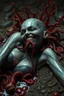 Placeholder: Tank girl, lying pose, his skin turned translucent revealing a network of black veins that extended like roots beneath her epidermis,smiling meanwhile many worms streaming from his mouth, latex suit, highly detailed, fullbody, splashes blood, behind guts rising from the ground, macro photography by <Junji Ito>, darkred tones,