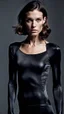 Placeholder: photography of a beautiful anorexic woman, anthracite satin triathlon top, sports illustrated, brunette short wavy bob haircut, pronounced sternum, flat chest, anthracite short leggins