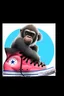 Placeholder: a profile picture of a small gorilla sitting in a blue Converse sneaker, like it's a car, comic style