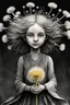 Placeholder: pencil and charcoal sketch of a cute happy little dandelion fairy girl, Mucha inspired emotional nature ephemeral sculptures of Andy Goldsworthy, tiny human form, essence captured as if created by surrealist photographer Noel S Osvald rendered in bright ombre colors, mixed with influences by John Bauer and Tim Burton, faded dark grey background, minimalistic art, with details that reflect advanced rendering techniques that push the drawing's realism even further Modifiers: trending on Artstation