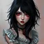 Placeholder: a pretty girl, 14 years old, black hair, vampire, red eyes, realism, stylised, fantasy, mystery