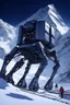 Placeholder: a sleek mechanical walker with eight legs scaling a very steep snow covered side of mout everest at night, it has a smooth surface, it has storage pods on its belly and humans can fit in the pods