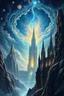 Placeholder: a colossal cathedral grown from black crystal, perched on the edge of a gravity rift, glowing constellations orbit its spires, the sky torn open by celestial storms, oil-painted cosmic horror, surreal landscape
