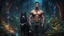 Placeholder: Hyper Realistic handsome muscular young king standing with his black husky in a dark mystical jungle at night with fireflies & colorful crystals