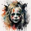 Placeholder: watercolor and ink illustration of portrait of scream queen Sherri Moon Zombie as Baby Firefly, by Russ Mills, dynamic composition, oddball masterpiece, sfumato, complex contrast, dark background, ink splatter