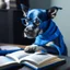 Placeholder: a blue dog studying