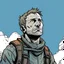 Placeholder: man, ethan hawk, looking at the sky, looking serious, comic book, post-apocalypse, grey background, illustration,