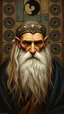 Placeholder: master oil painting by Rembrandt, realistic rendering Portrait of the Apkallu sage who were sent by the god Ea to teach civilization to humanity before the flood. They were depicted as half-human and half-fish or bird, and were associated with wisdom, magic, and culture. blurred tile yin yang pattern background, brightened edges to give a sense of depth
