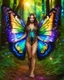 Placeholder: Full body Gorgeous Photography Realistic Natural Beautiful butterfly girl straddle wings with shiny brown flowing hair, glitter colorful butterfly wings, lovely glowing green eyes, surrounded by magical colorful forest and flickering lights, digital photography, kaleidoscope, vibrant colors, vivid colors, colorful, she walk in magic forest