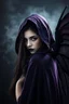 Placeholder: portrait a dark fairy woman with a pale face, long dark hair lookin at the camrea, in a dark purple shiny black hooded cloak, suggestive deep dark gaze, dark lips, impressive, perfect, cold beauty with dark wings on back, dark, sad, gothic mood, atmospheric, smoke, high detalied, high realistic, photorealistic, blur smoky background with dark shadows