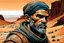 Placeholder: create a front facing, portrait illustration of an otherworldly lost nomadic wanderer with highly detailed, sharply lined and deeply waethered facial features in a shadowed canyon lands of oblivion in the comic art style of Enki Bilal, precisely drawn, boldly inked in arid desert colors