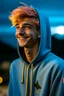 Placeholder: A young man with tousled pink hair and golden eyes floating among the stars wearing a light blue hoodie and black board shorts. He is smiling softly and holding a star in one hand.