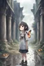 Placeholder: rainy, ruins, little girl, smile, butterfly, manga