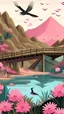 Placeholder: paisaje de una cabaña al lado de una montaña, con un rio bajo un puente, con pajaros volando y muchos cactus con flores rosadas
