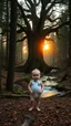 Placeholder: A beautiful baby standing in wood with a huge trees , river stream in the middle , behind the tree dim light of the sunset,