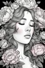 Placeholder: young woman, coloring page of a beautiful bouquet of peonies all around her face, her eyes are closed and dreaming peacefully, only her face shows, her face covered by the bouquet of peonies, use black outline with a black background, clear outline, no shadows, sketch colors, 4k