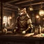 Placeholder: A khajiit with brown spotted fur in a medieval fantasy tavern dressed in rags