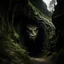 Placeholder: High resolution image of a cave entrance shaped like a Demonic mouth, on the side of a forested hill.