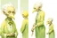 Placeholder: Artist Jean-Baptiste Monge style. A biomorph banana-headed old woman. White eyes. A yellow dotted green furry feathered fluffy dress.