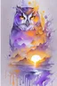 Placeholder: 2:3 Full size, watercolor on transparent background paper, chromatic, zoom, sharp, splash of colors on a white background, a detailed golden purple sunset fire style, detailed owl & eagle, Miami Beach with light blue water, Mountains, graffiti elements, powerful zen composition, dripping technique, & the artist has used bright, clean elegant, with blunt brown, 4k, detailed –n 9, ink flourishes, liquid fire, clean white background, zoom in, close-up,