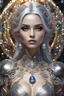 Placeholder: Length picture photography realistic full body of young woman, beautiful, shiny hard eyes, make up, Fantasy style, shiny baubles, ornate, large gemstones, shiny molten metalics, shiny wire filigree, silver hair, high definition, high res, octane render