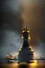 Placeholder: kind chess piece buildt of by yellow stones misty trending, depth of field, backlit