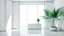 Placeholder: Minimalist background for video calls. Mostly white and serene, futuristic, with a very wide window and with some plants outside.