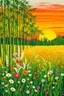Placeholder: A lime green forest filled with flowers and bamboo trees in sunset designed in Navajo woven art painted by Claude Monet, Busch painting style ,