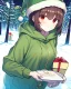 Placeholder: Girl with short brown hair, red eyes, green sweatshirt with a horizontal yellow stripe, he is wearing a Christmas hat, and in the background there are trees in the cold winter with lots of snow,