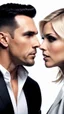 Placeholder: Jason david frank muscular male with short dark hair, wearing a designer suit, whispering in ear of young blonde woman, with short hair, wearing short white dress. hyper realistic