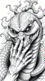 Placeholder: G𝙋𝙧𝙤𝙢𝙥𝙩 highly detailed graphite illustration, A surreal snake figure with exaggerated anatomical features, heavily wrinkled skin, and an intense, contemplative expression., thick eyebrows, merge into swirling abstract shapes. Large, expressive hands, one covering the mouth and the other gripping the forehead tensely. Mysterious, introspective, dreamlike, somewhat dark fantasy. #𝙙𝙧𝙚art #prompt