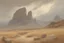 Placeholder: cloudy grey day, arid rocky land, few distant cliffs, philosophic and trascendent influence, unforgettable landscape, dry weeds, videgame landscapes influence, epic, one person, distant mountains, otto pippel impressionism paintings