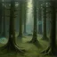 Placeholder: A grayish cyan magic forest with mystical rings designed in German folk art painted by George Inness