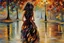 Placeholder: an irresistibly adorable image of a whimsical brunette woman creature with black hair and hazel eyes. Envision a charming being with fluffy, onyx-colored fur or hair that frames its endearing face. in the blowing wind Leonid Afremov