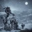 Placeholder: Realistic picture of a norse stone troll in the mountains, next to a firecamp and under the moonlight, with snow falling in the background and stars in the sky in a nostalgic mood --no dragon --no daylight --no hairs