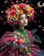 Placeholder: Realistic Photography Beautiful Fairytale, a stunning girl adorned in vibrant carnival attire, ethereal beauty, black background, with swirling colors and fantastical tiny flowers, enchantment and grace, twisted vines, whimsical, surreal landscapes, emotive style, dreamlike quality, and magical realism, carnival red, ethereal pink, whimsical blue, vibrant green, celestial purple, golden amber, and shimmering silver