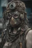 Placeholder: portrait. extrem realistische filmszene: in einer post apokalyptischen zukunft: ein Herrscher. extrem detailreich. punk, bdsm, style. gruselige maske aus sehr vielen materialien, details. improvisiert, aus Schrott und Müll, Metallteile, schläuche, Gürtel, Taschen, Nägel. dreckig, rostig, zerrissen, geflickt. dystopische postapokalyptische Umgebung. hyperrealistisch, extrem lebensechter Fotorealismus, einzigartig detaillierte Kleidung, düstere Stimmung, düsteres Licht, filmisch, dystopisch.