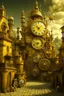 Placeholder: A golden yellow town with gears and clocks designed in Maori sculptures painted by Henry-Robert Brésil