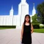 Placeholder: A young Latina girl in a dress in front of a Mormon temple in sunshine