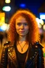 Placeholder: Young woman, curly hair, redhead, green eyes, freckles on face, looking confident, wearing a black belted perfecto leather jacket with leather epaulettes, wearing black leather trousers, wearing black choker, portrait at night, in a crowded metropolis