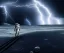 Placeholder: A man walking on the moon during a thunderstorm