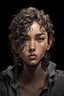 Placeholder: Portrait of a young female with long curly bangs covering her forehead. Include gray eyes, with a tan skin complexion. Draw the portrait in the style of Yoji Shinkawa.