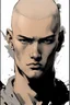 Placeholder: Portrait of a young male with a buzzcut, tan skin color, drawn in Yoji Shinkawa style, black and white with a gray background.